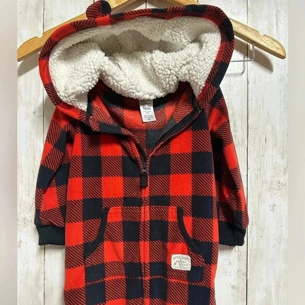 Carter’s 18M Fleece Buffalo Plaid One-Piece - Picture 2 of 5